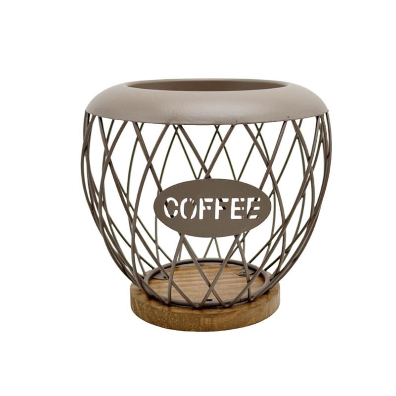 Artistic Iron Fruit Basket Inspired Coffee Pods Rack Open Structure Kitchen Office Storage Durable Metal Wood Materials