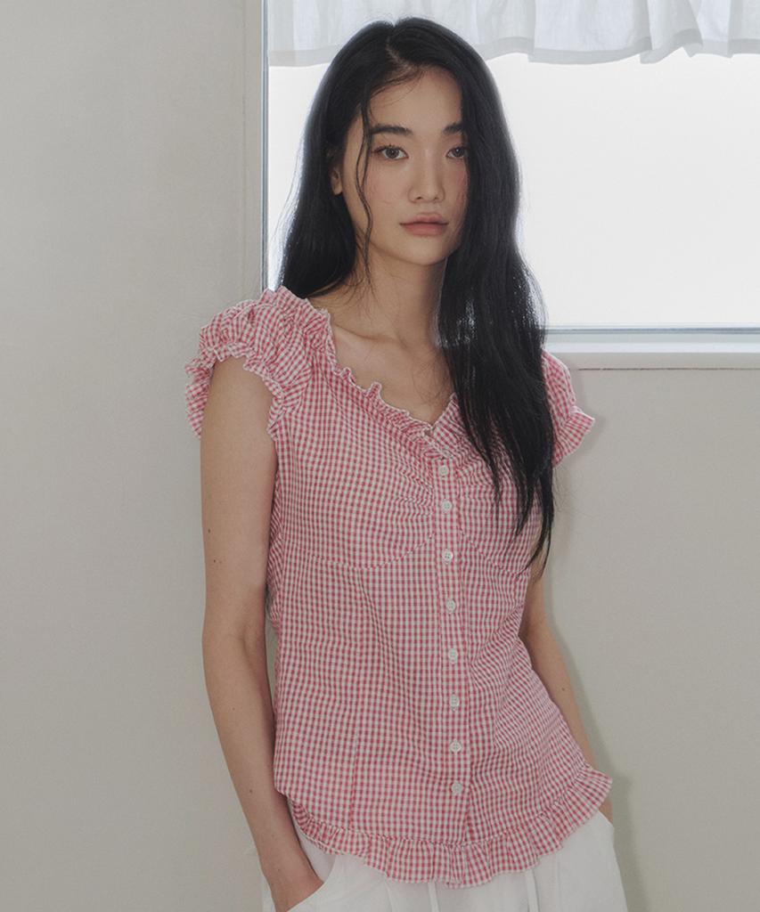 Seuteulaipeumagalin Silhouette Puff Shirred Lace Blouse Red