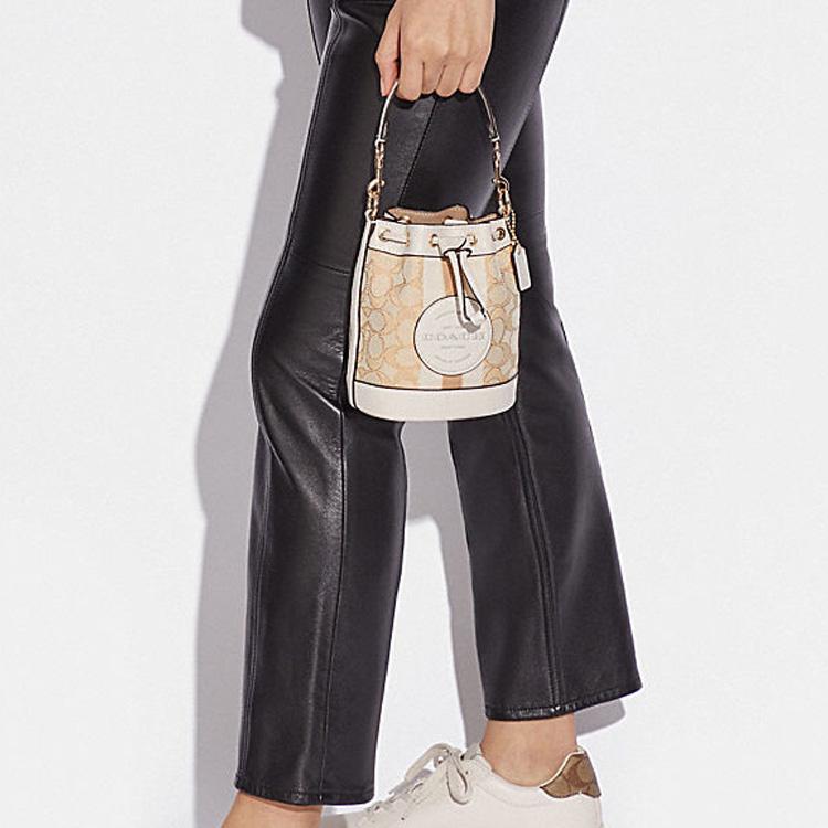 Coach Dempsey 14 Classic Stripe Logo Decor Fabric And Leather Bucket Bag Women Handbags Gold Light-Khaki Chalk C8322-IMDQC
