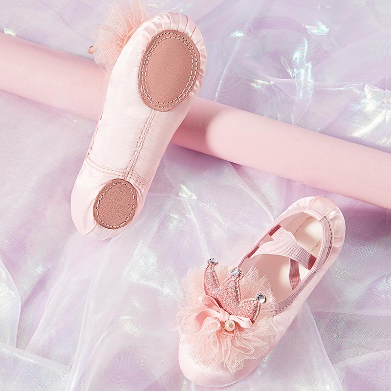 Girls' Ballet Dance Shoes, 3D Mesh Crown Cat Paw, Satin Spring/Summer Practice Footwear