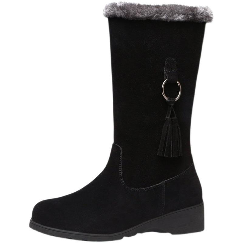 Winter Plus Velvet Thickened Mid-tube Snow Boots Women's Warm Tassel Wedge-heeled Cotton Shoes