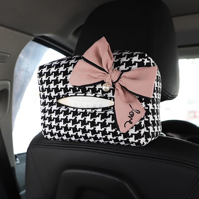 Cute Bowknot Grid Car Tissue Box Auto Seat Headrest Hanging Paper Tower Holder Organizer Women Styling Car Interior Accessories
