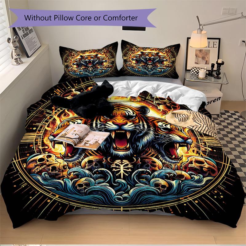 3pcs Flaming Tiger Amidst Waves Pattern Bedding Set, 1* Cover + 2*Pillowcases, Bedding Set, Soft and Comfortable, Bedroom and Guest Room Use