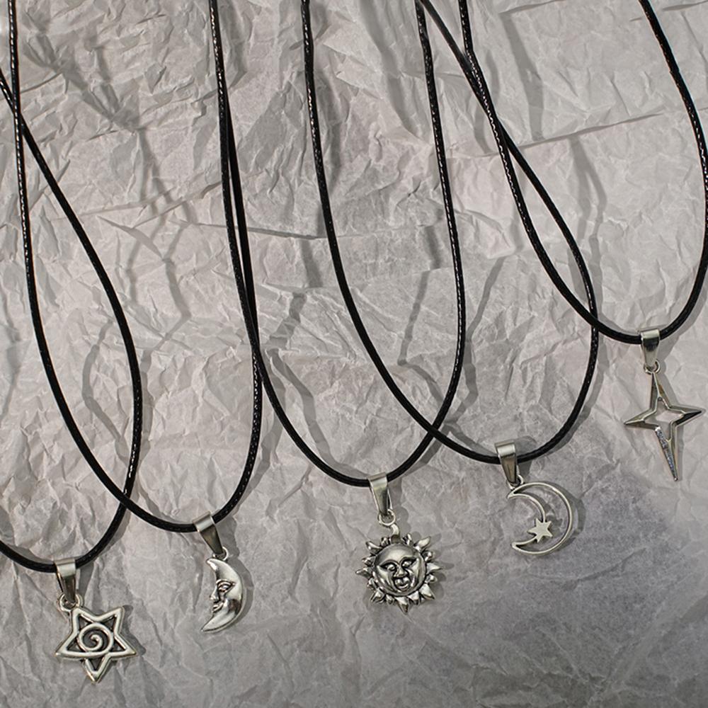 Y2K punk star moon sun metal pendant necklace, unisex, hip-hop personality trend pendant, simple wax rope necklace, jewelry