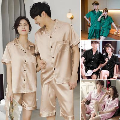 2Pcs/Set Imitation Silk Pajamas Set Lapel Short Sleeve Buttons Placket Shirt Elastic Waist Shorts Set Summer Cool Sleepwear