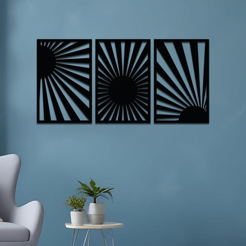 Pre-Laminated Pine Wood Sun Light Wall Art | Laser Cut Precision | For Home Décor | For Gifting (Set of 3)