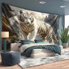 Majestic White Tiger Tapestry Wall Hanging, Chinese Ancient Architecture And Mountain Landscape, Mythical Animal Art Decor