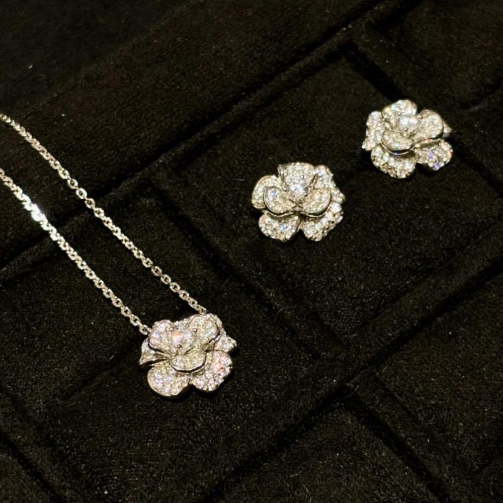 Elegant Camellia Flower Necklace with Diamond Rose Ring and Open Bracelet Women Jewelry Set