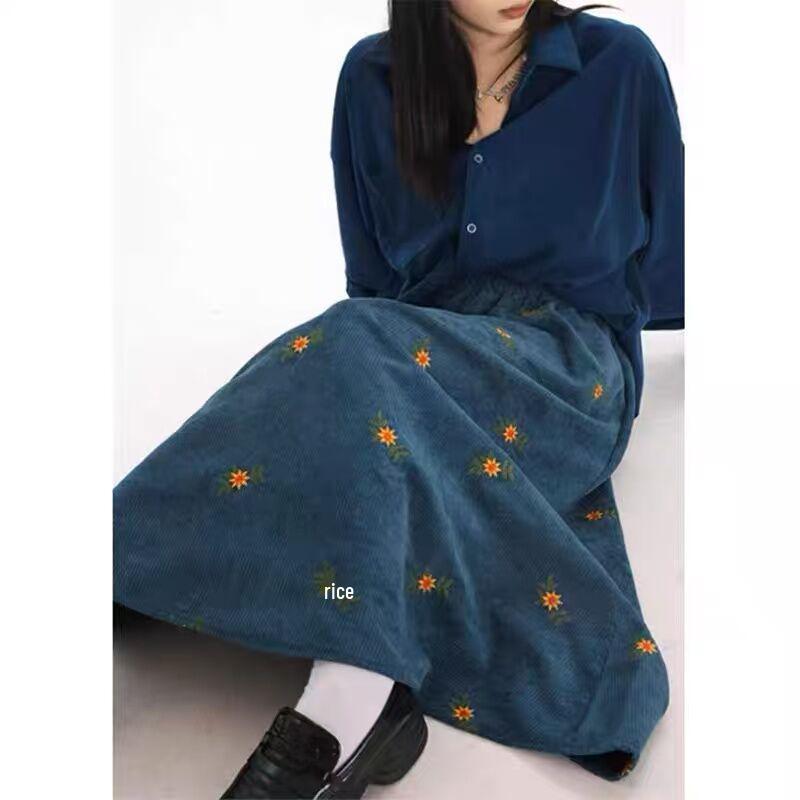 Women s Floral Embroidered Corduroy A-line Tulip Skirt - High Waist Autumn/Winter 2025 Chic Large павлин голубой