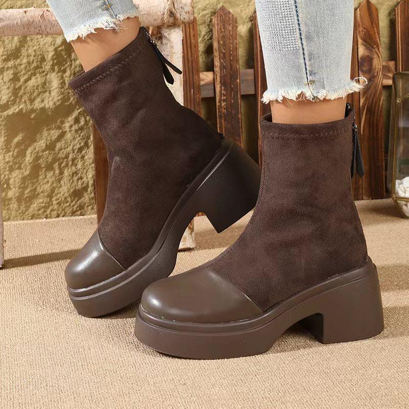 New Women'S Platform Boots For Petite- Chunky Heel Ankle Boots With Rear Zipper , Retro Style Fall/Winter Booties