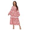 Vår och Höst Dam Plus Size Etnisk Stil Tryckt Klänning Patchwork V-Hals Långa Klänningar