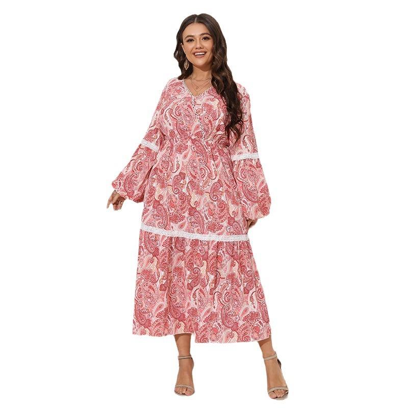 Vår och Höst Dam Plus Size Etnisk Stil Tryckt Klänning Patchwork V-Hals Långa Klänningar