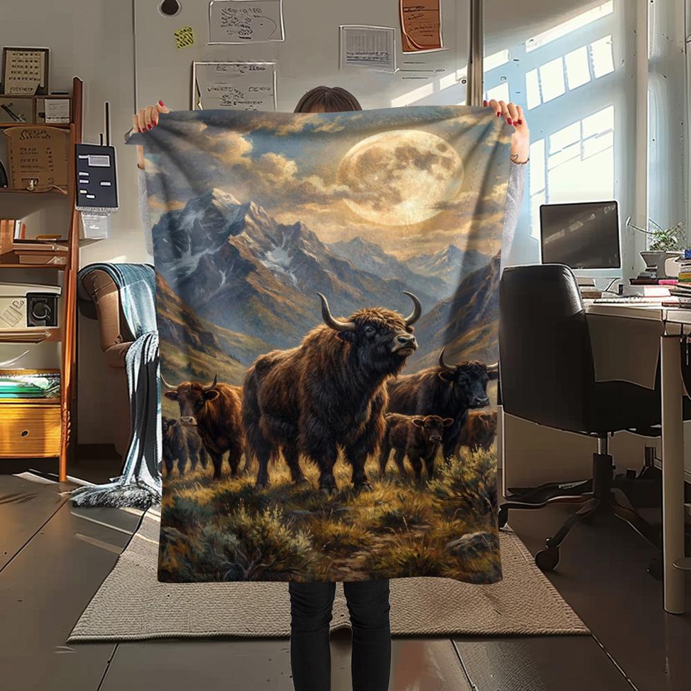 1PC Moonlit Highland Yaks Print FlAannel Blanket, High quality Comfortable for All Seasons, Home Decor, Warmth and Comfort