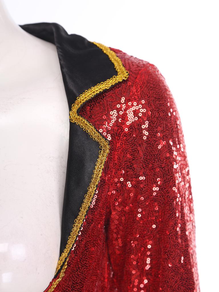 Women Adult Ringmaster Circus Costume Shiny Sequins Gold Webbing Trim Turn Down Collar Long Sleeve Buttons Tailcoat
