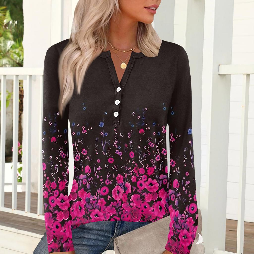 Damen Casual Mode T-Shirt, Vintage Blumendruck, Rundhalsausschnitt, Langarm-Oberteil.