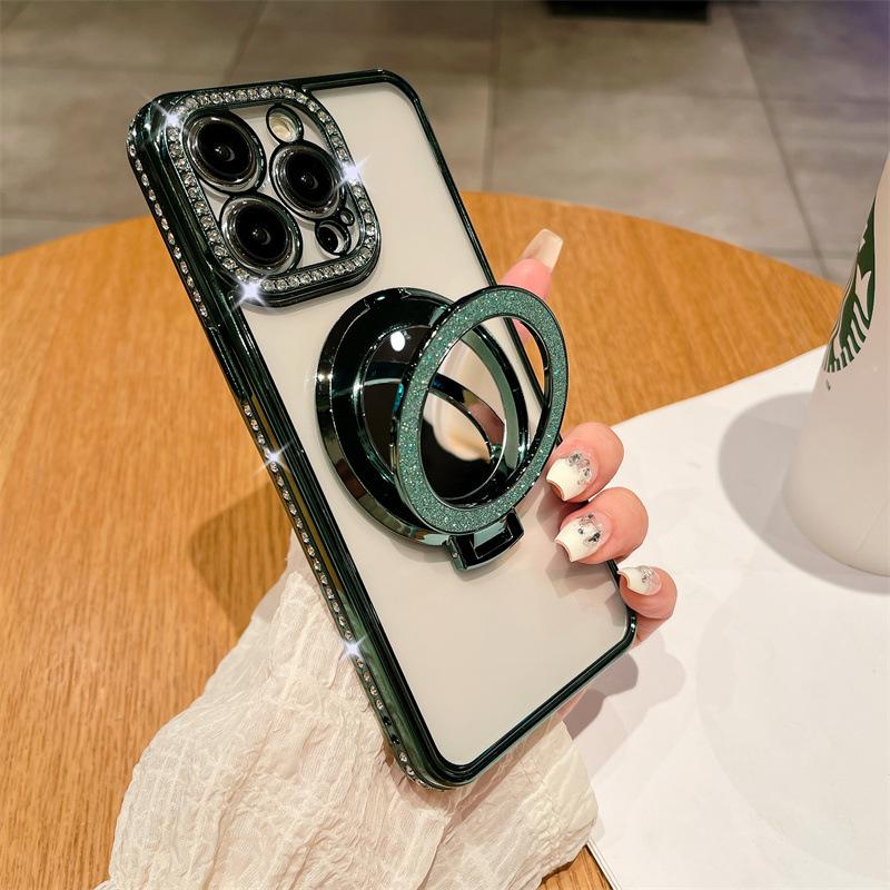 Applicable To iPhone17ProMax Electroplated Rhinestone Mobile Phone Case Apple 16Pro Mirror 15 Magnetic Suction Bracket 14 Sets
