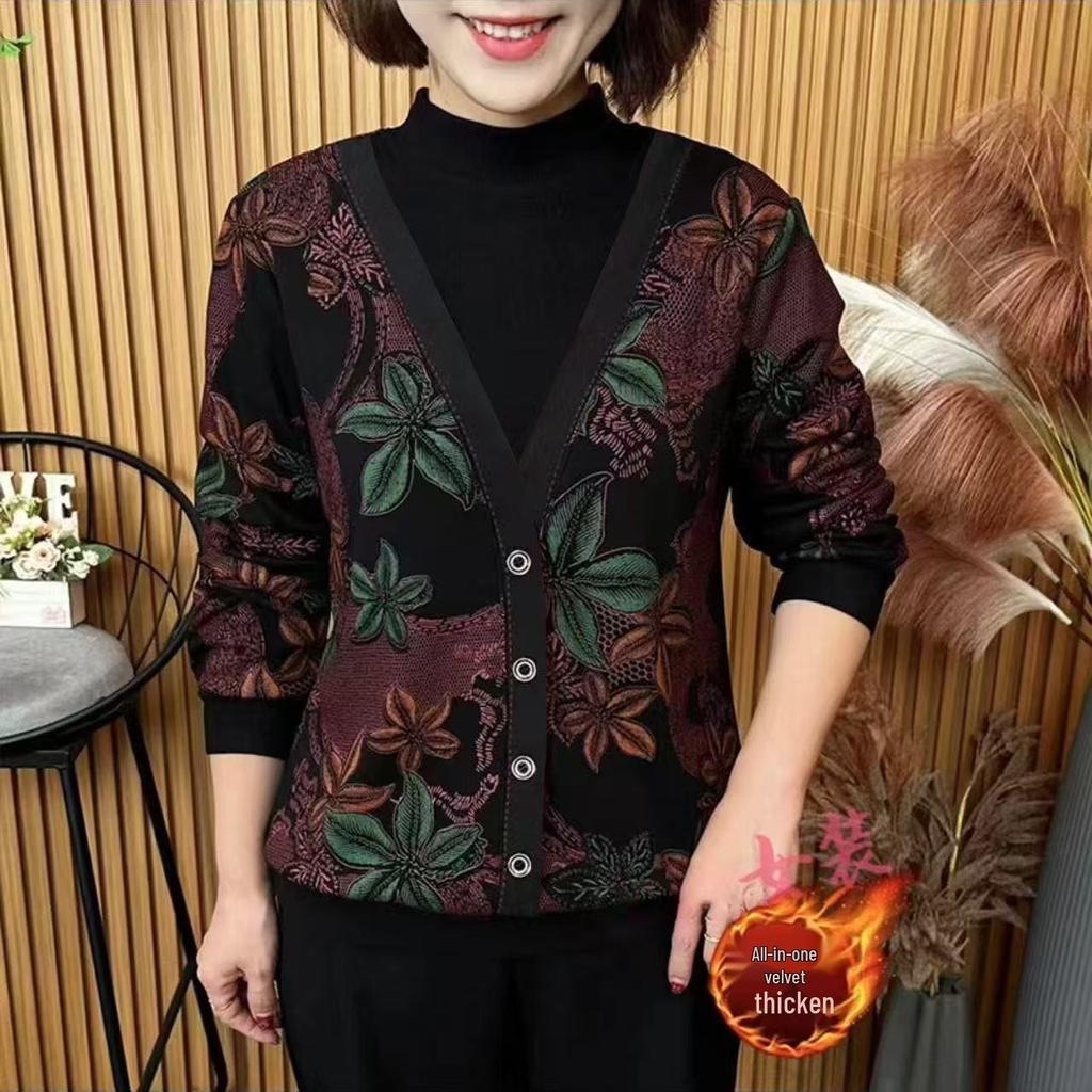 Damen Langarm-Oberteil mit Blumenmuster - Plus Samt, Halber Stehkragen, Falsches Zweiteiliges Design, Schlankmachend & Stilvoll für Mittleren und Älteren Alters