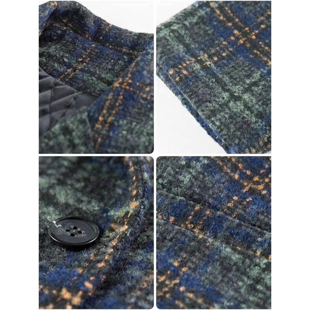 Women Long Sleeve Wool Coats Plaid Autumn Winter Suit Jacket Thickening Single Breasted Mid-length Wool Overcoat