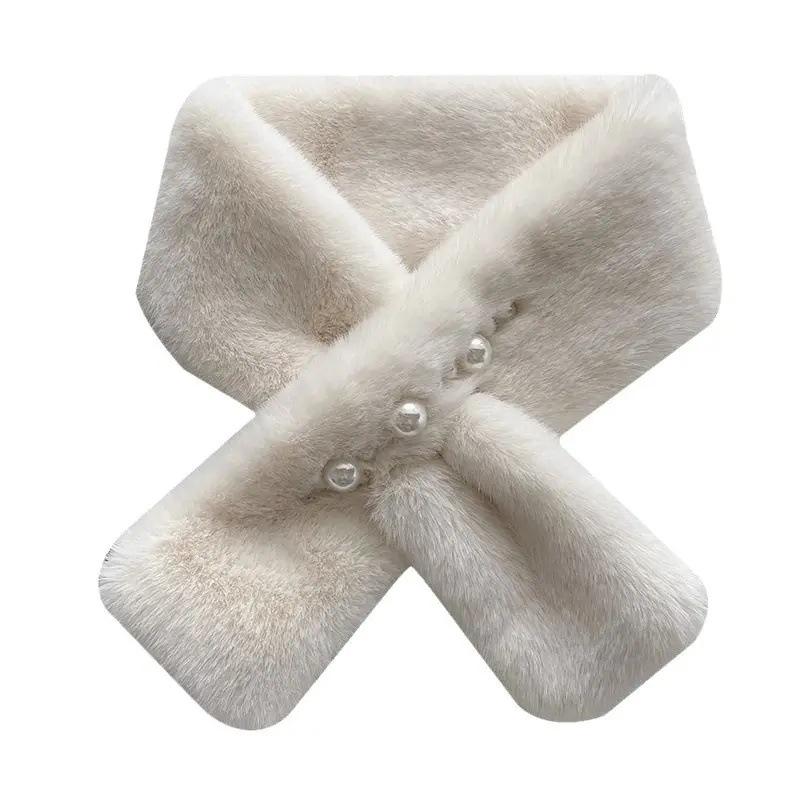 Korean Pearl Plush Imitation Rex Rabbit Fur Scarf - Thickened Cross Design for Autumn and Winter