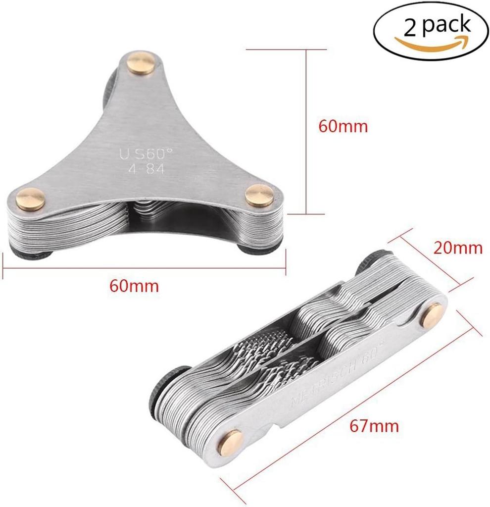 2 Pack Thread Pitch Gauge Stainless Steel Screw Pitch Measuring Tool One America SAE Type and One Metric & Inch Tape