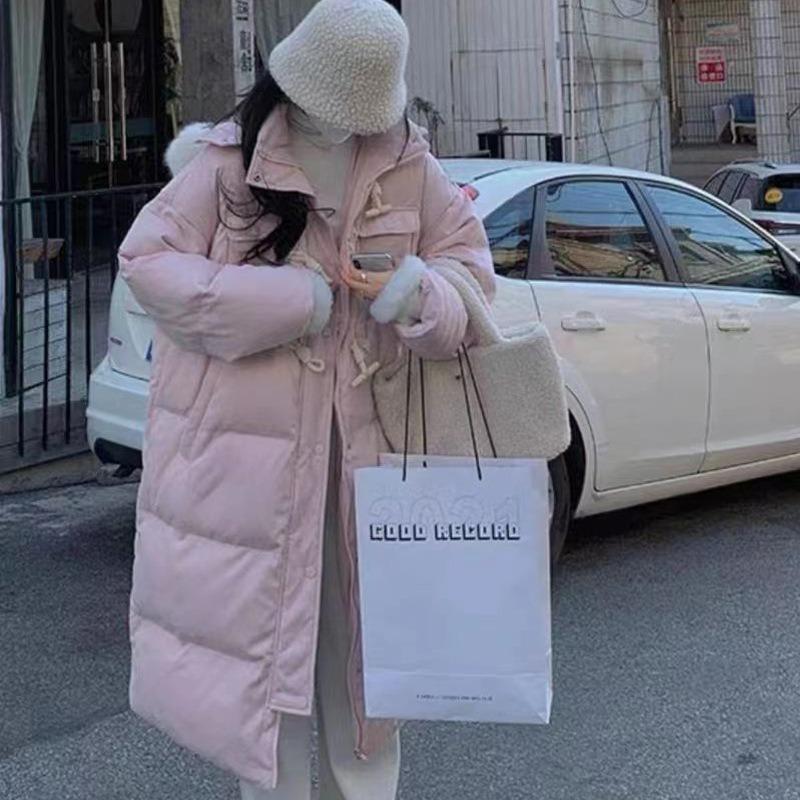 Down Cotton Clothes Women's Medium and Long New Horn Buckle Over Knee Big Fur Collar Hooded Thickened Coat Winter