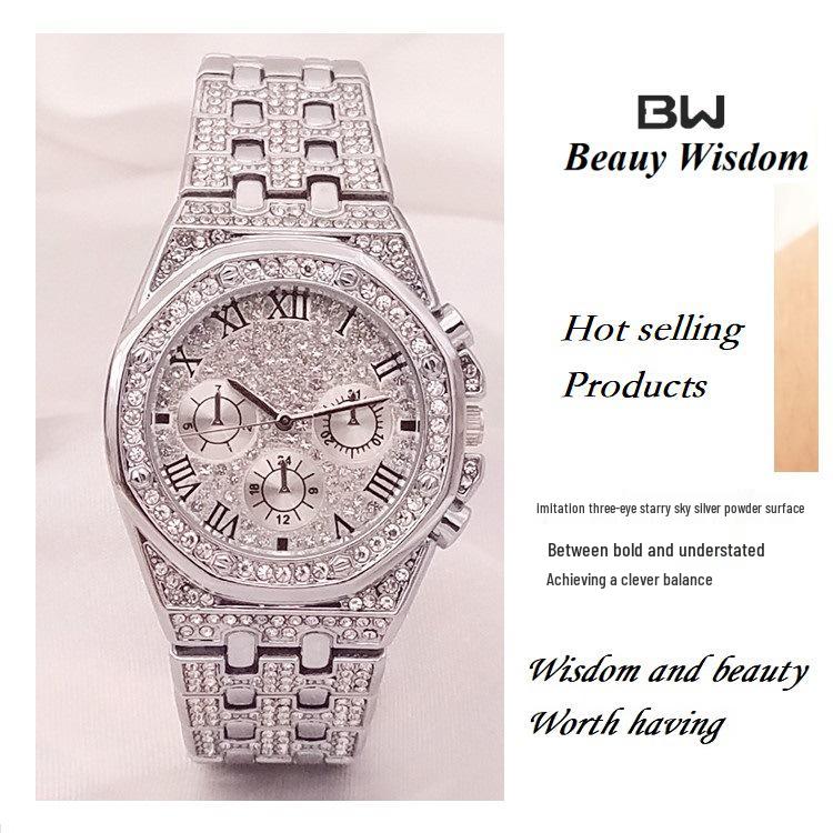 **Relógio de Pulso Bracelete Três Olhares BW Novo Prata Rosa Imitação Diamante**