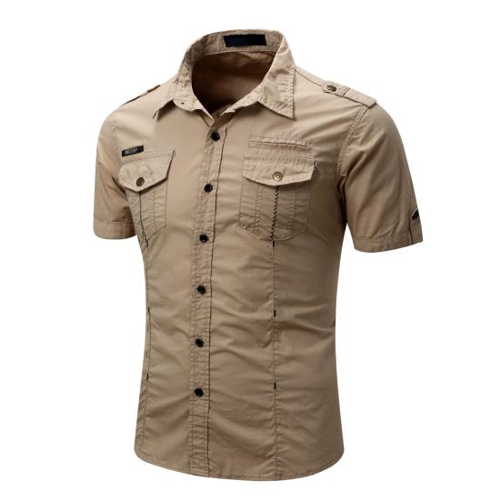 Men Shirt Solid Color Simple Casual Turn-down Collar Flap Pockets Summer Shirt Daily Clothes