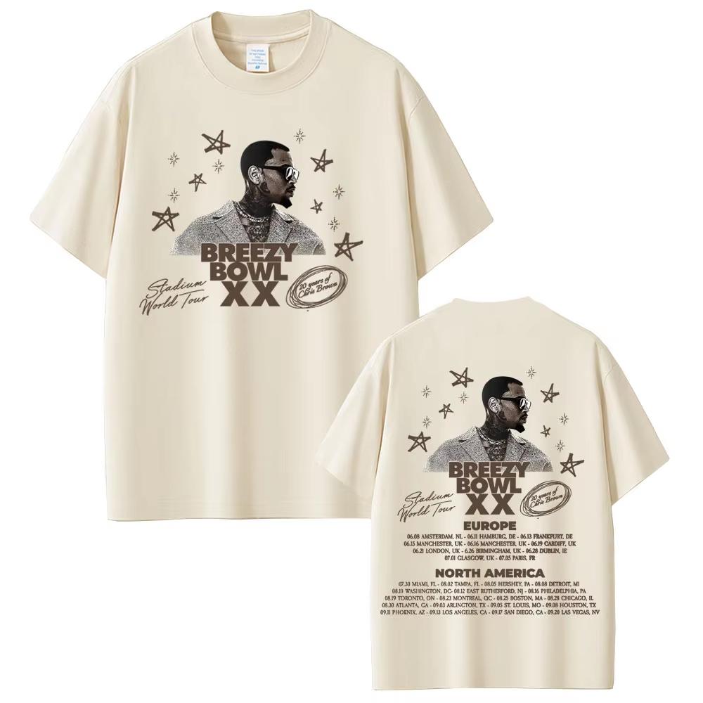 Vintage Washed Chris Brown Breezy Bowl XX Tour 2025 R&B Pop Graphic T-shirt Men Women Printed Tee Summer Casual Fashion Clothing Tops Streetwear