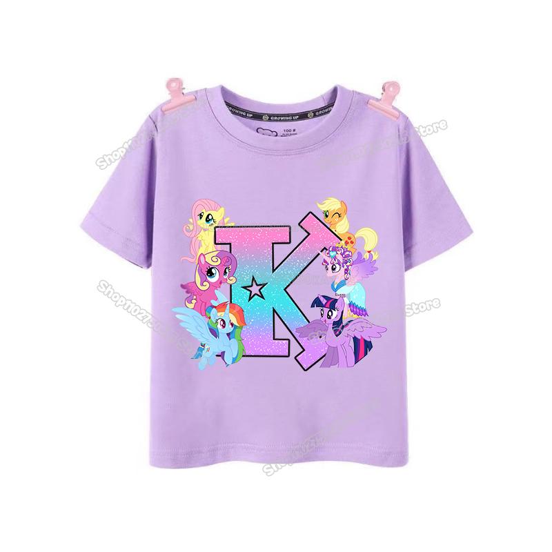 My Little Pony Girl T Shirt Twilight Sparkle Letter AZ TShirts Cartoon Kids Short Sleeve Tee Tops Casual Children Clothes