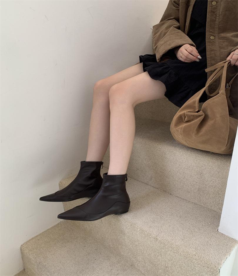 Retro 2025 Splicing Pointed Short Boots Women's Shoes Autumn and Winter New Soft Leather Kitten and Elastic Thin Boots