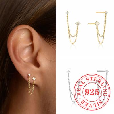 Huitan 925 Sterling Kupfer Ohrstecker mit vier Zirkonia für Damen, Doppelstecker, Kette, Quaste, Piercing-Ohrring, 18K vergoldet