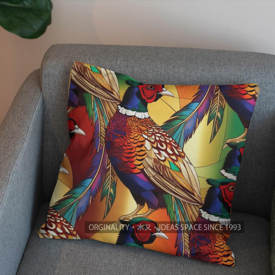 2D Colorful Pheasant Stained Glass Style Pillow Cover Pattern Cushion Cover Suitable For Sofa Bedroom Car Pillow Cover