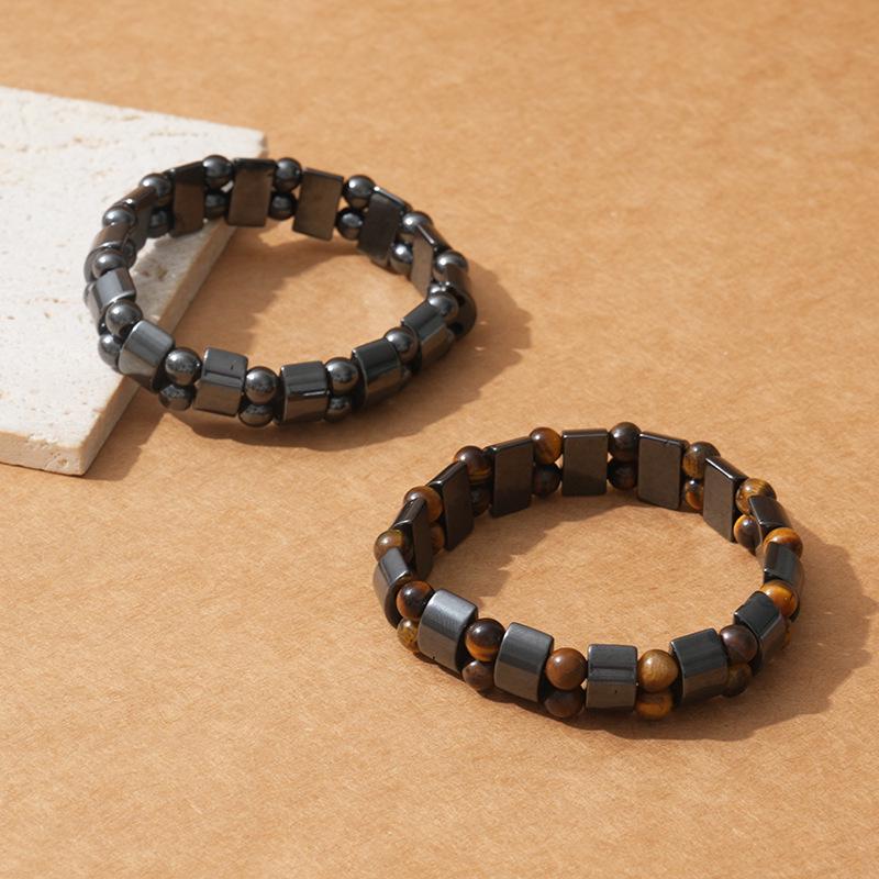 

Double-Row Black Gallstone & Tiger Stone Crescent Bracelet - Versatile Ethnic Style