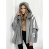Women's Hooded Striped Sleeve Letter Cuff Zip Up Faux Mink Fur Loose Casual Baseball Coat