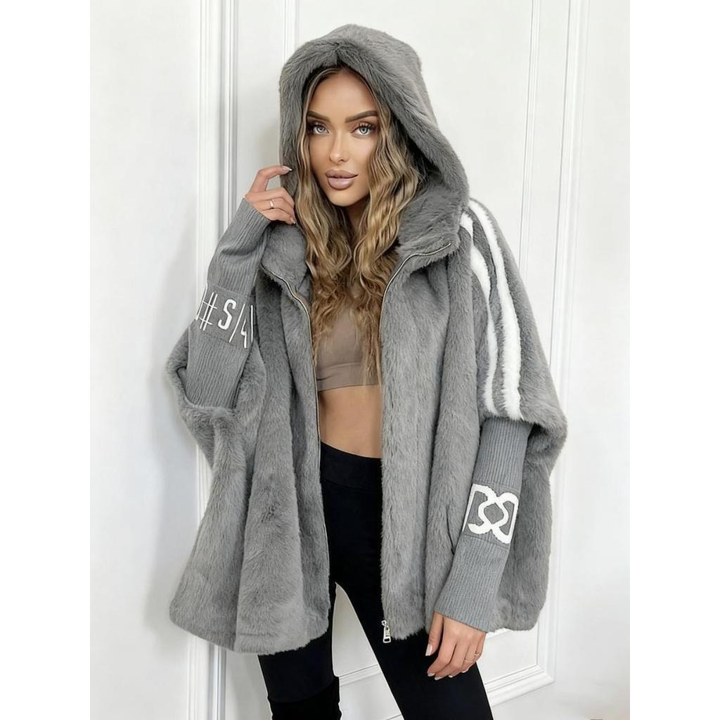 Women's Hooded Striped Sleeve Letter Cuff Zip Up Faux Mink Fur Loose Casual Baseball Coat