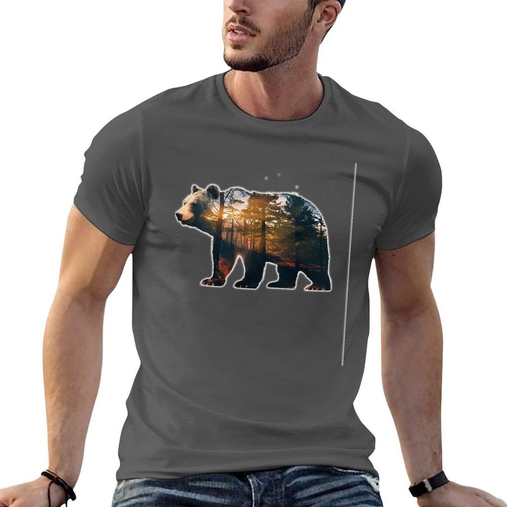 Bear Silhouette Trees Forest Tshirt Large Size Soft Cotton Tshirt