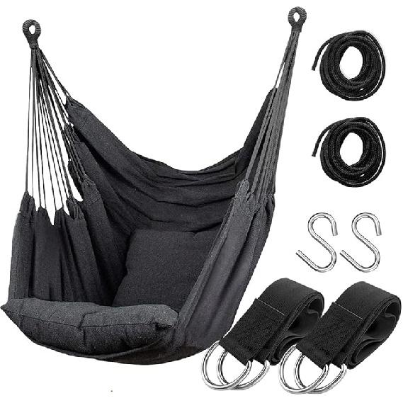 Hammock Chair Hanging Rope Swing Seat for Indoor Outdoor, Sturdy Cotton Weave Hammock Swing, Max 300Lbs Hanging Hammock Chair (Pole and Pillows NOT