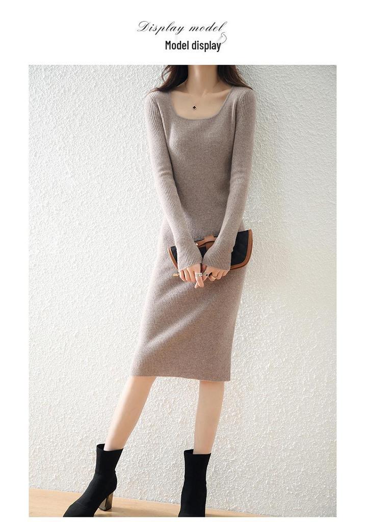 Wool Knitted Retro Bodycon Dress Skirt with Long Sleeves