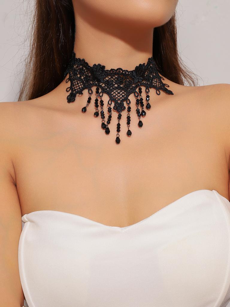 Vintage Black Lace Rose Necklace Bracelet Ring Set Women's Dinner Party, Dark Wind Neck Chain Bracelet