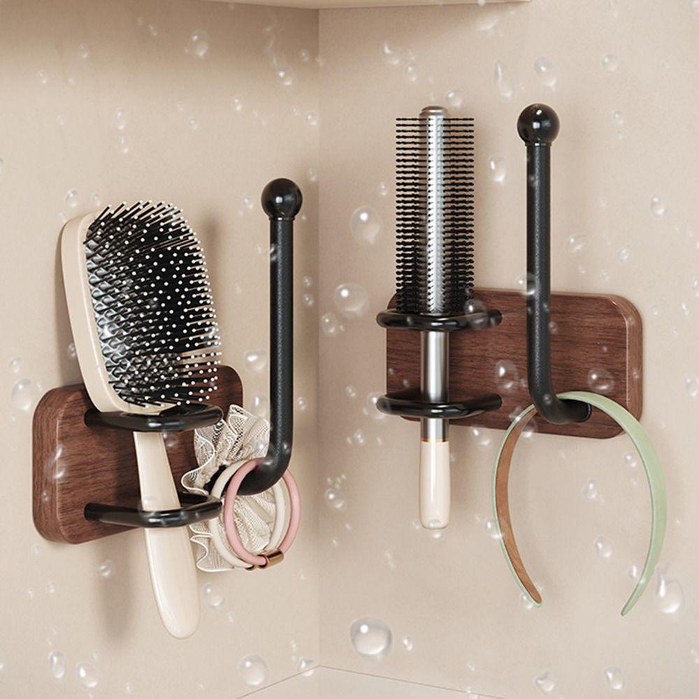 Wall Mounted Wooden Comb Holder Self-Adhesive Bathroom Storage Rack Hair Rings Hanger Hair Tie