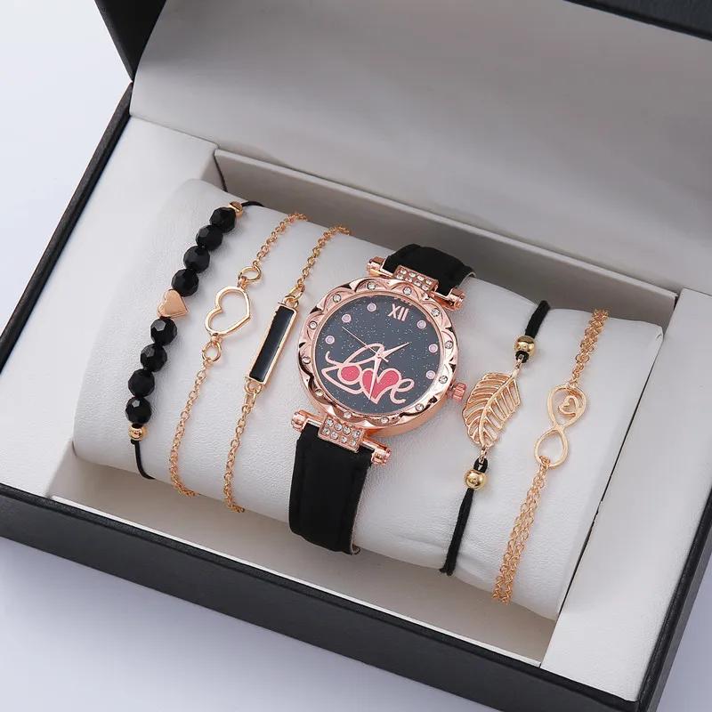 New Fashion Watches for Women Ladies Simple Heart Dial Casual Female Luxury Analog WristWatches 6pcs Bracelet Set Gift No Box
