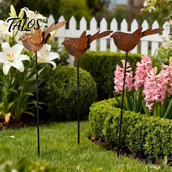 Decorative Ground Stakes 3PCS Rusty Metal Bird Stake, Cute Birds Sculpture, Animals Easy Insert Garden Stake for Outdoor Yard Decor, Gifts Friends and