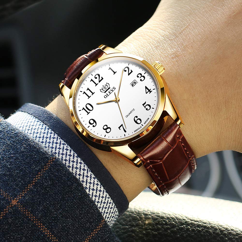 OLEVS Leather Date Watch Men's Watch, Stylish, Ultra-Thin, Strap, Quartz, Analog, Display, Men's