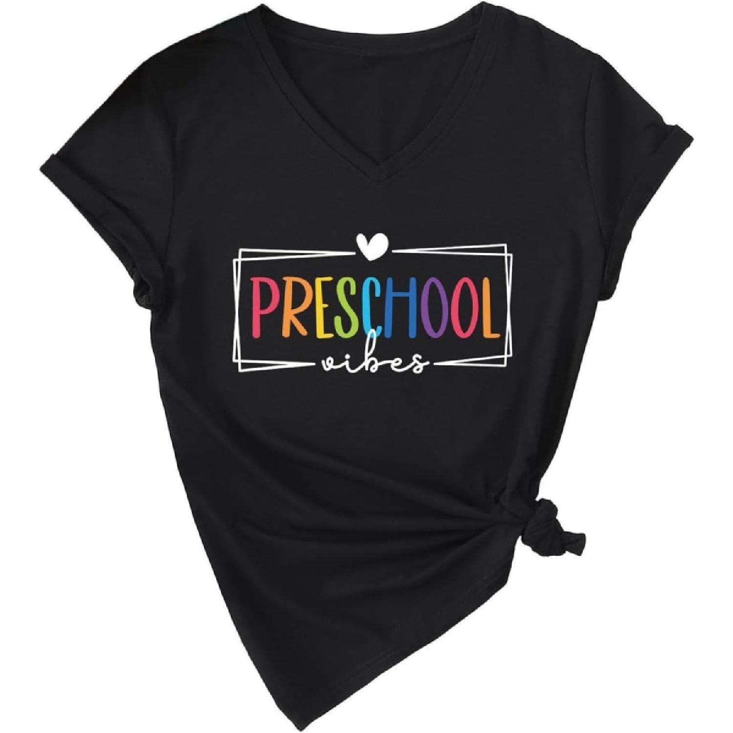 Preschool Vibes T-Shirt, Retro Graphic Shirt Back to School V Neck Women Casual Crewneck Preschool Teacher Tee Tops S