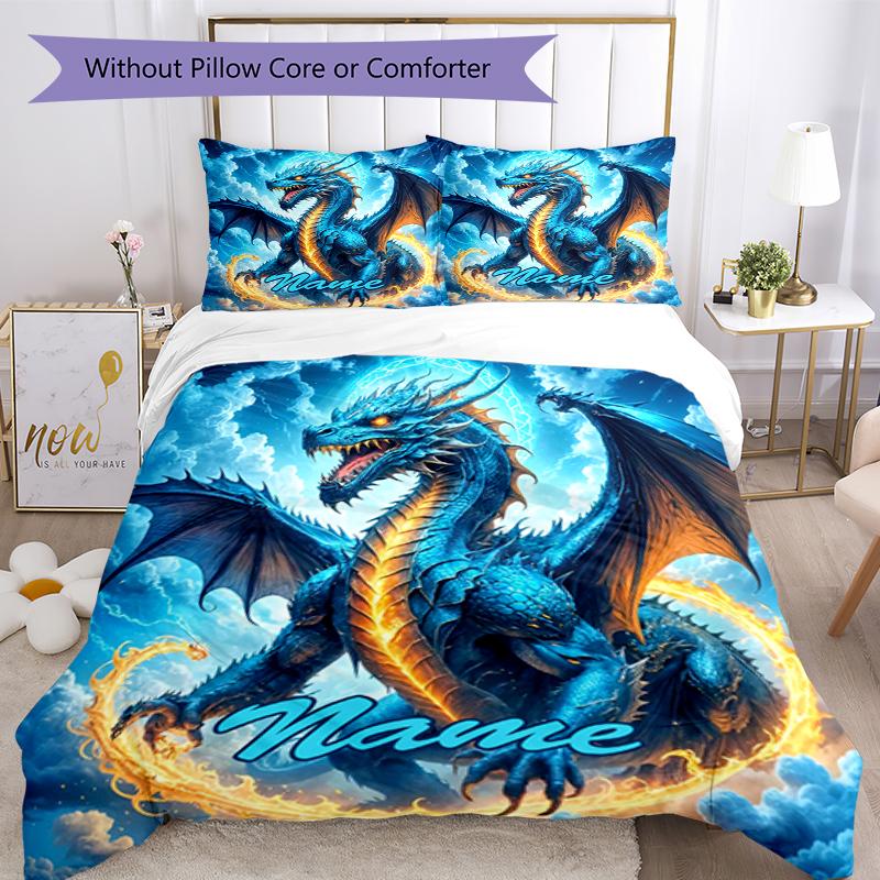 3pcs Custom Name Dragon Bedding Set Duvet Cover Closure Includes 1 Duvet Cover & 2 Pillowcases, Soft and Comfortable for All Seasons.