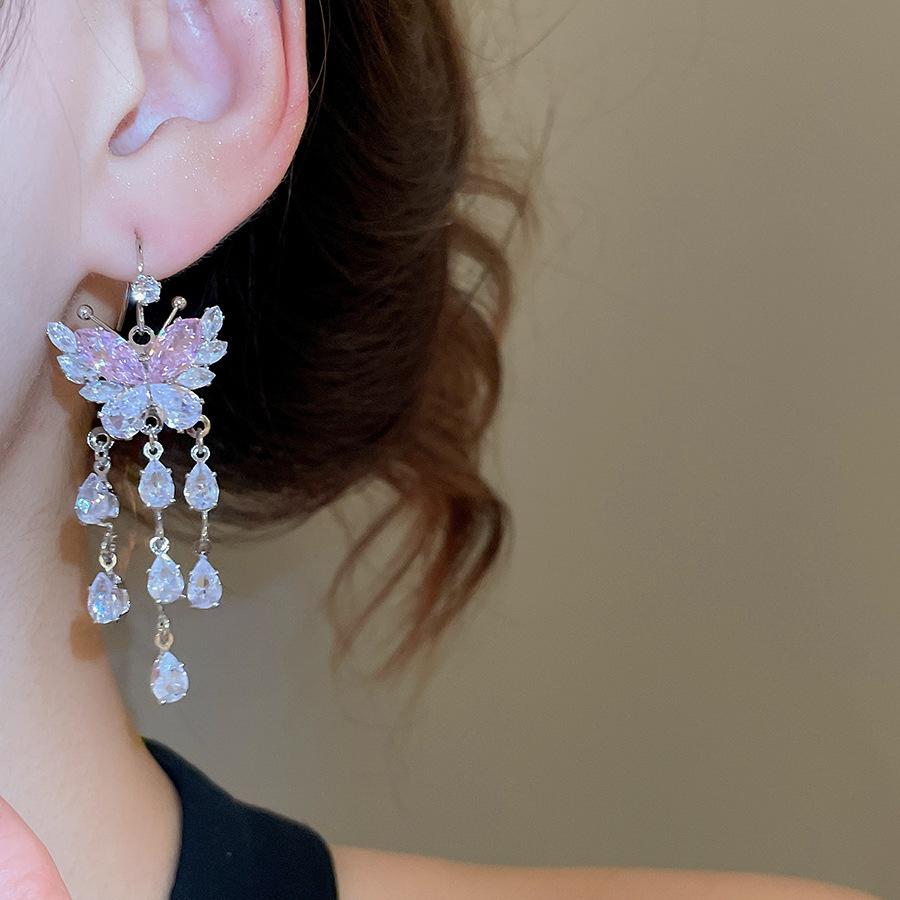 Korean Style Zircon Butterfly Water Drop Earrings - Light Luxury and Fashionable Stud Ear Jewelry