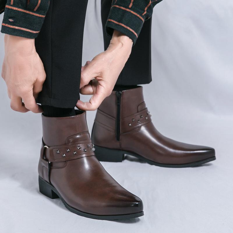 New Fashion Male Pointed Punk Rivet Chelsea Motorcycle Ankle Boots Men Designer Casual High Top Platform Shoes Zapatos Hombre