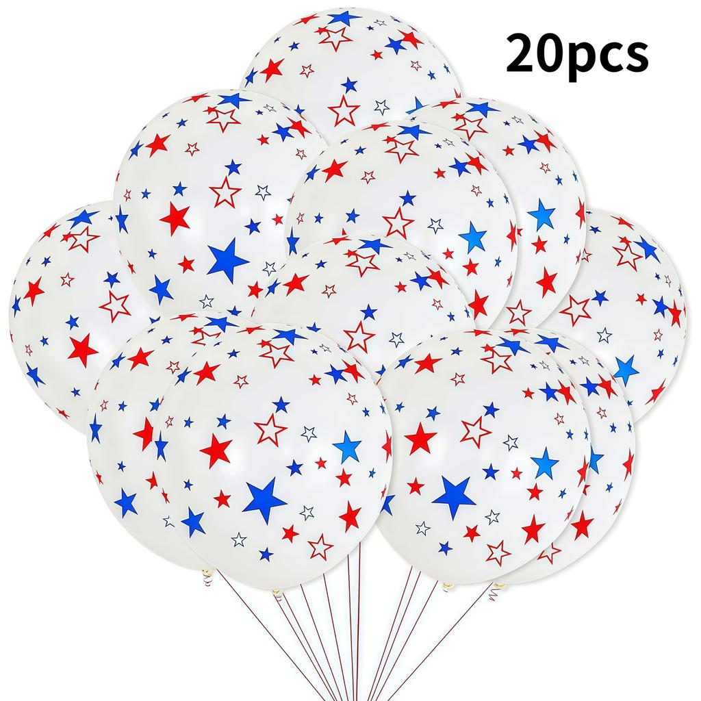 12/20/30pcs US Independence Day 12 Inch Blue Red Five Pointed Star Printed White Latex Ball Happy Anniversary Decoration Balloon