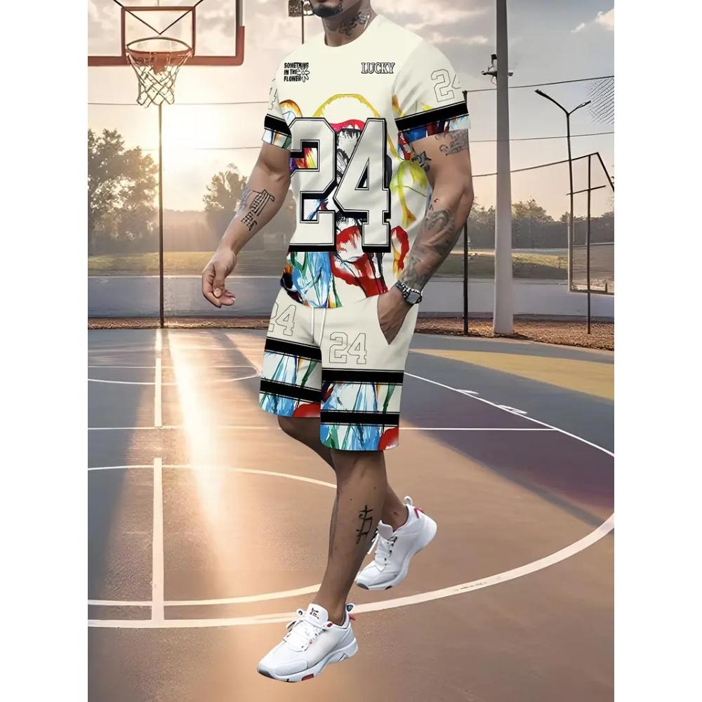 Fashion Men's Short Sleeve Suit Casual Loose Printing Versatile Unisex Sports Clothing