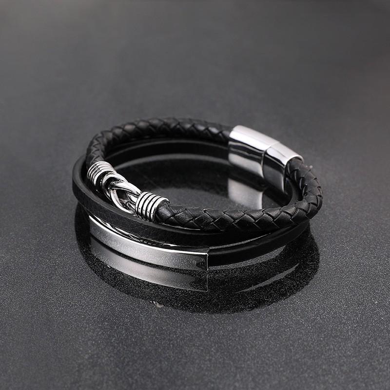 Stainless Steel Leather Braided Multi-Layer Bracelet Men Geometric Design Ins Style Adjustable Length